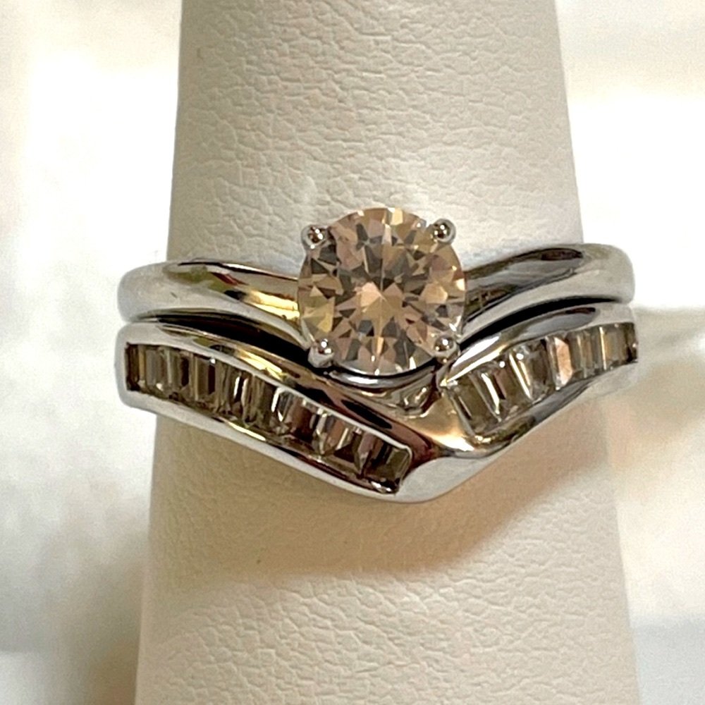 Solitaire Engagement Wedding Set 💍 Round & Baguette Lab Sapphire 💎 NWT Sterling